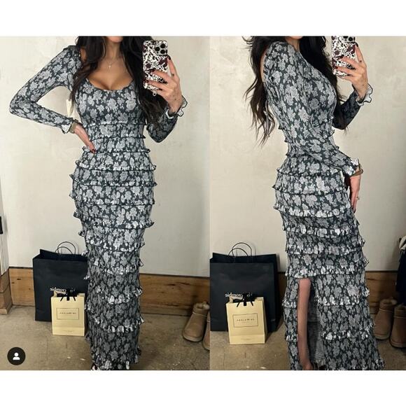 V. Chapman Lanie Maxi Dress Emerald Peony Print Ruffles Wedding Guest Size 2 NEW - Picture 3 of 10